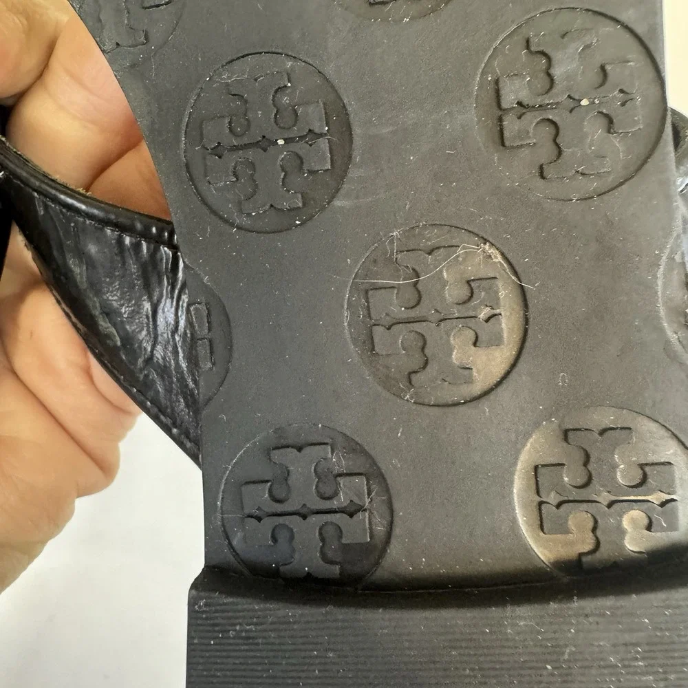 Tory Burch Flip Flop Sandals Women's Size 10M Thora Shoes Black Patent Summer